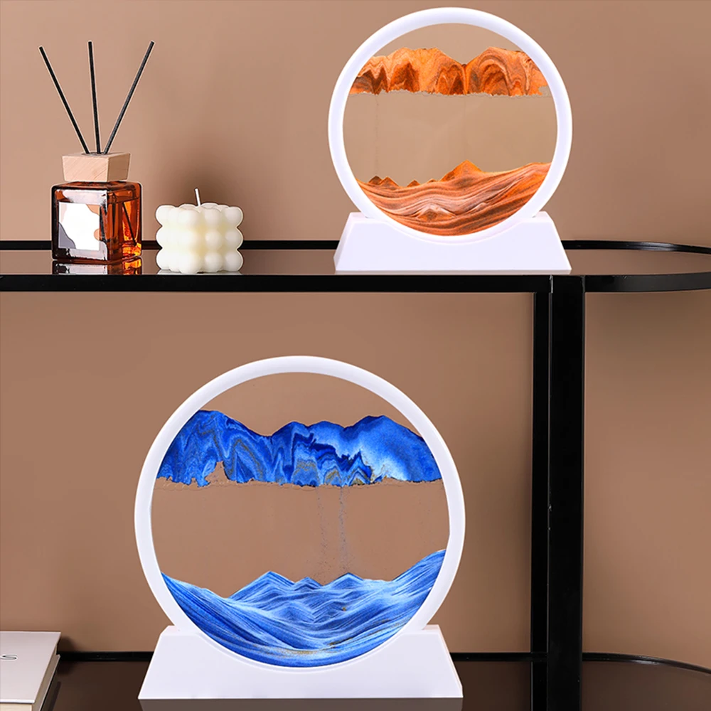 Vetro rotondo 3D Deep Sea Sandscape Moving Sand Art Picture In Motion Display Flowing Sand Frame Sand Paintin Desktop Art Picture