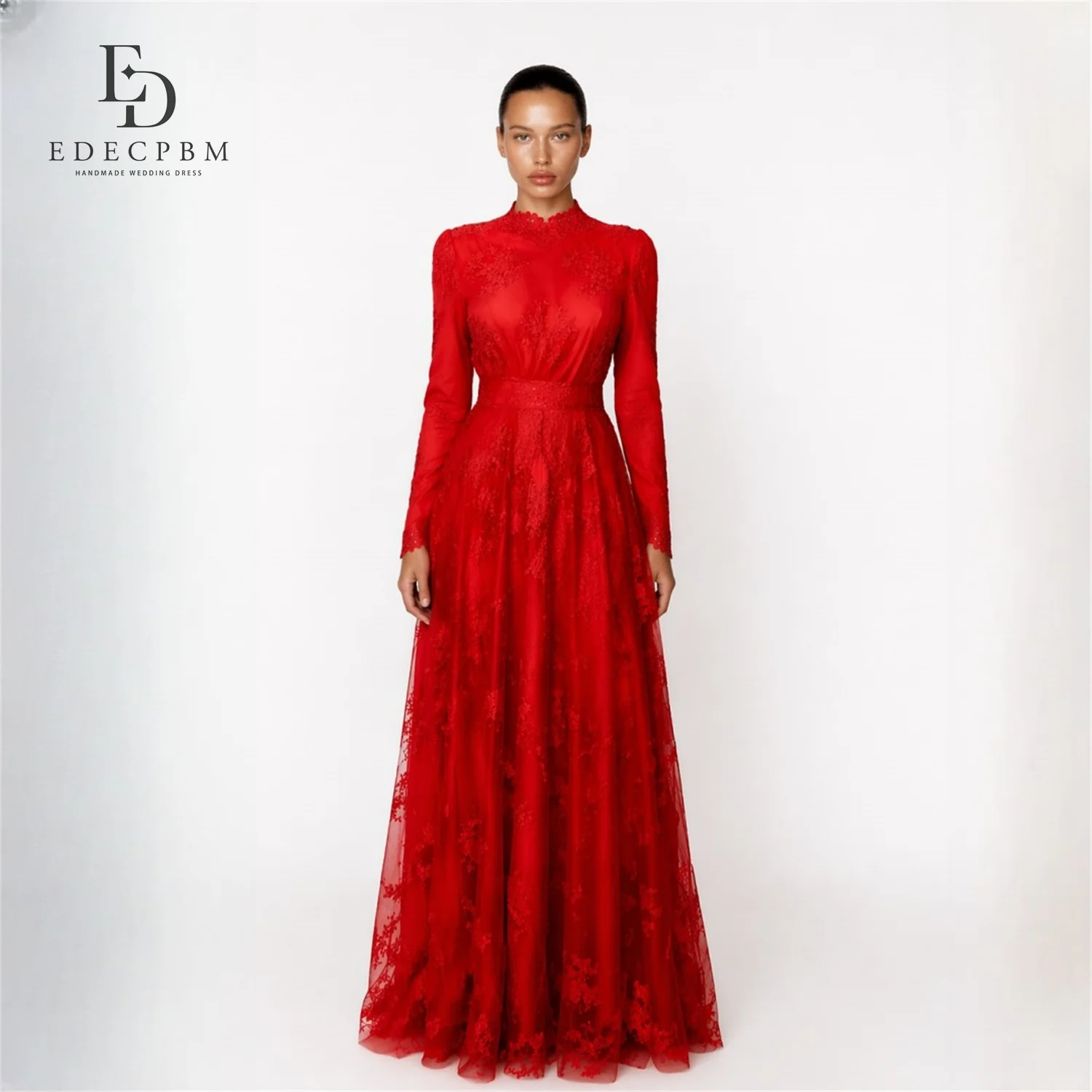 

EDECPBM Lace High Neck Red A-Line Evening Dress 2026 Prom Dress Full Sleeve Lace Formal Evening Elegant Gown Customized