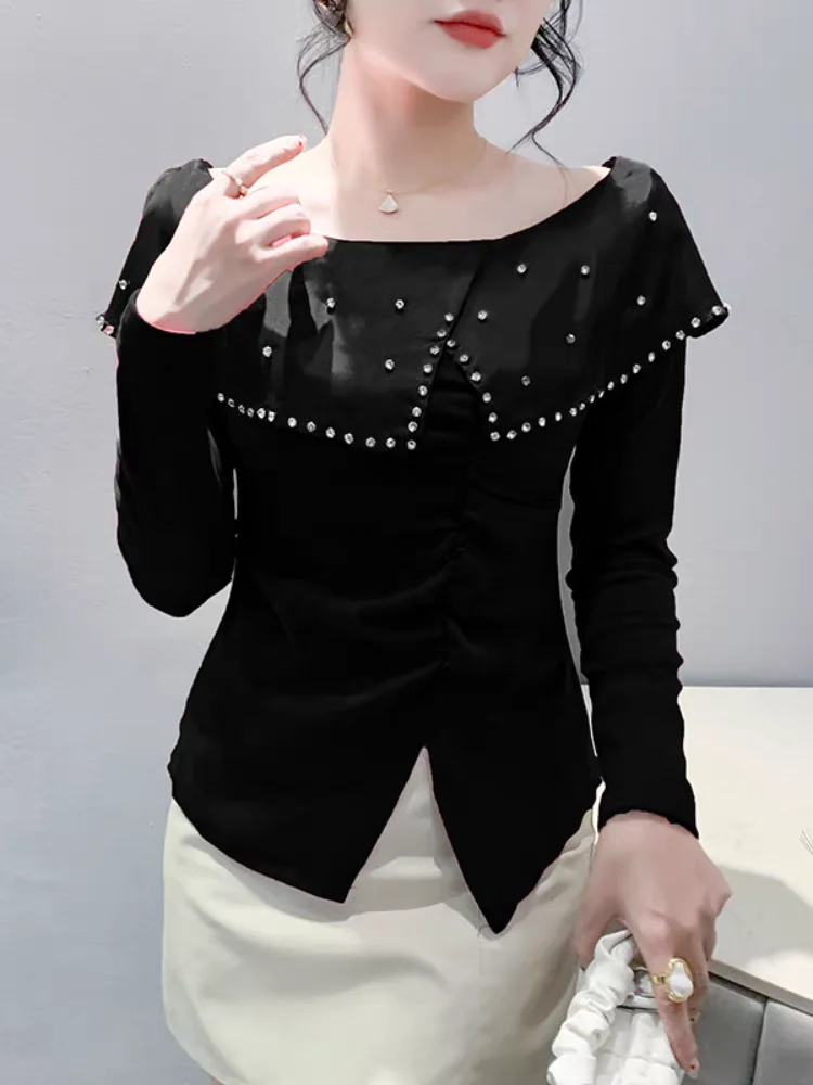 Autumn Fashion Cotton T Shirts Girl Long Sleeve Beading Slash Collar Off Shoulder Top Slim Fit T-shirt Sweet Style Women's Wear