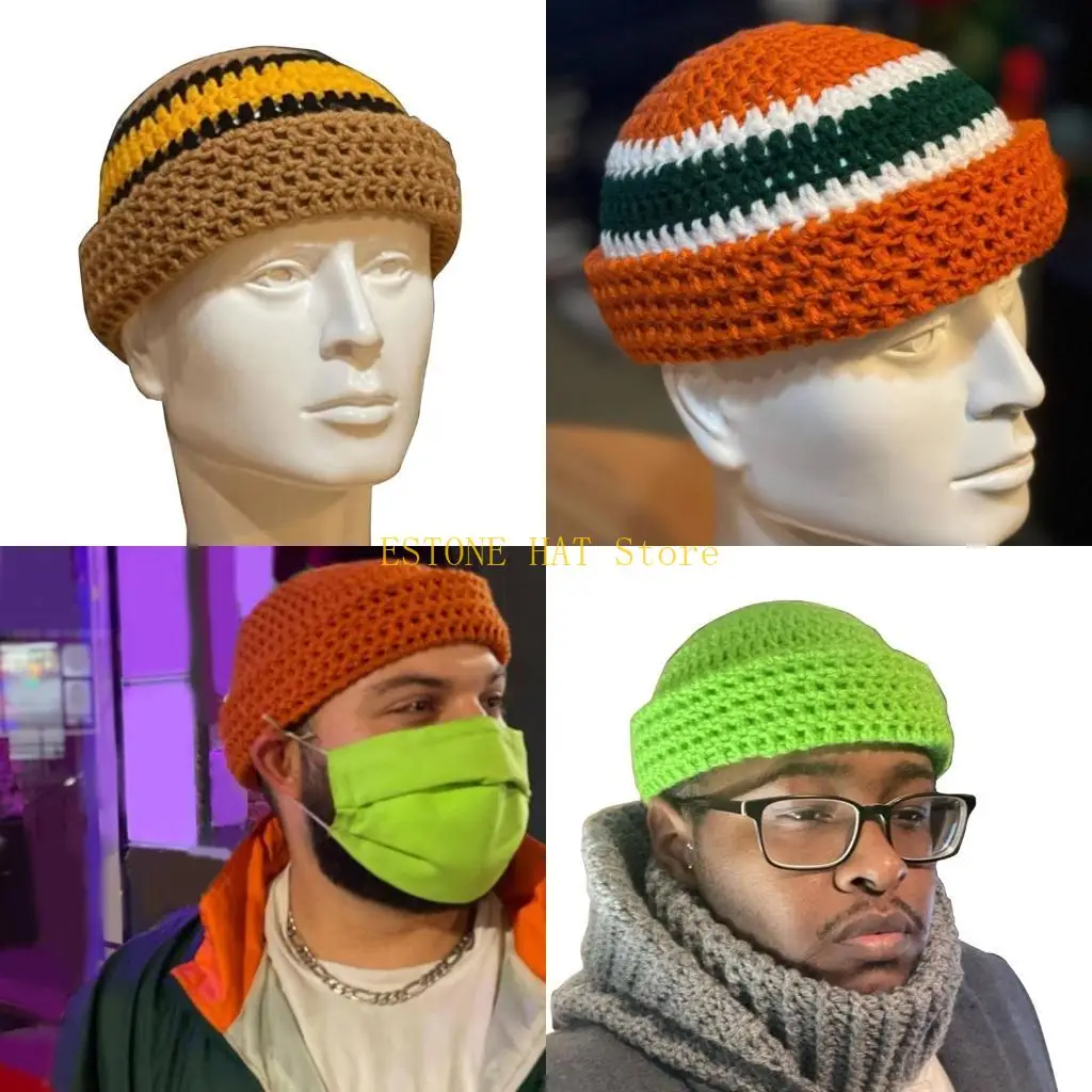 49MF Male Knitted Skull Cap Color Matching Hat Winter Student Outdoor Cycling Skiing Climbing Hat Cold Weather Keep Warm Hat