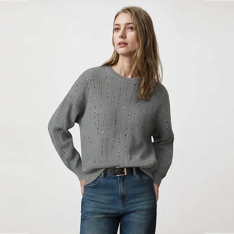 

Простой серый свитер с круглым вырезом и длинными рукавами, жемчужный вязаный свитер, пуловер для женщин