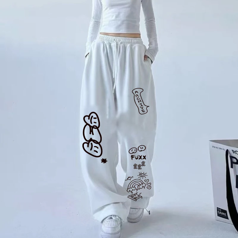 女性用ハイウエストプリントパンツ,ドローストリング付きロングパンツ,カジュアル,オールマッチ,ヴィンテージ,韓国,カワイイ,ソフト,キュート,新品