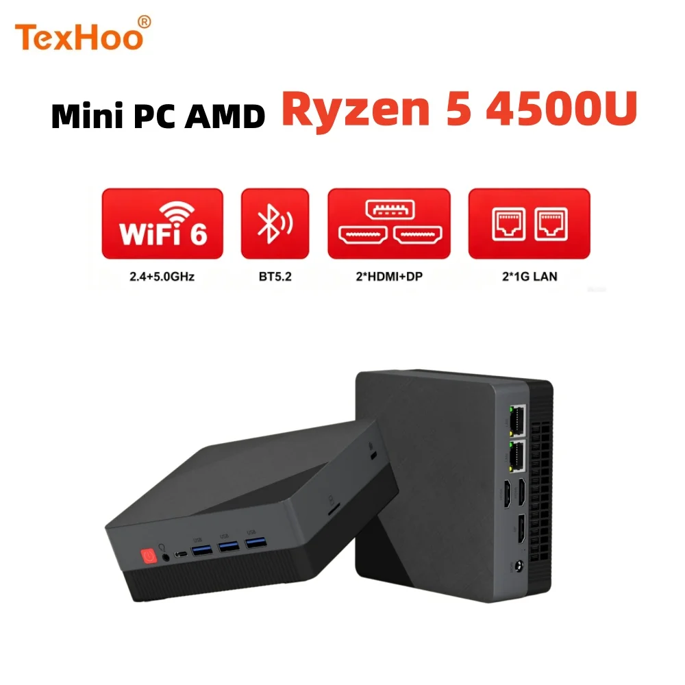 TexHoo Mini PC Computer AMD Ryzen5 4500U 6C/6T Pocket Dual DDR4 DP HDMI*2 LAN*2 WIFI6 BT5.2 Windows 11 Ryzen Mini Computer