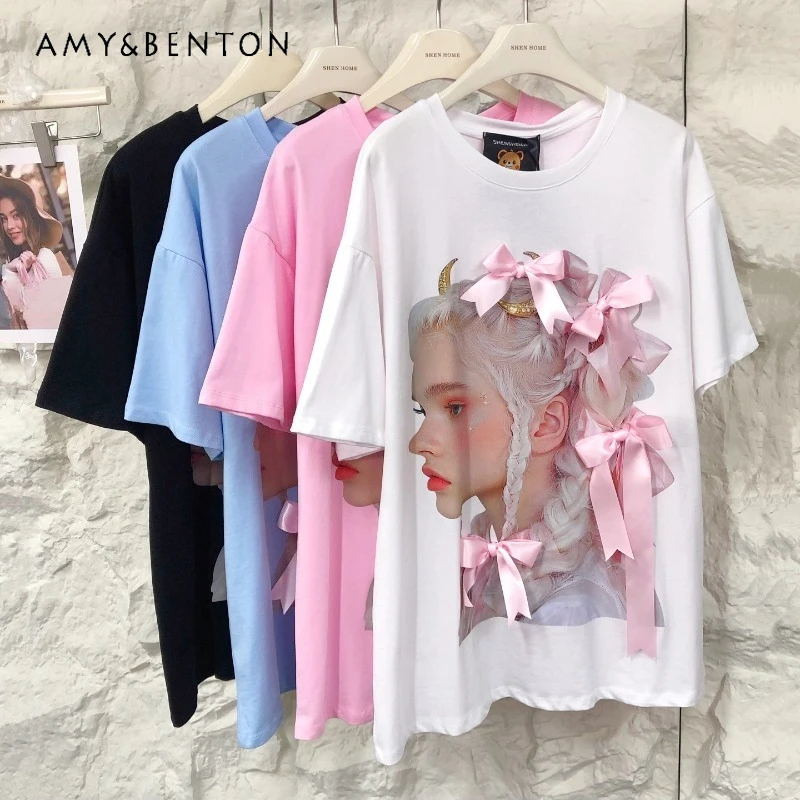 

Women's Clothes Fashion Design Sense Y2k Tees Age-reducing Sweet Bow Temperament Girls Print Loose Short-sleeved Tshirt Pullover