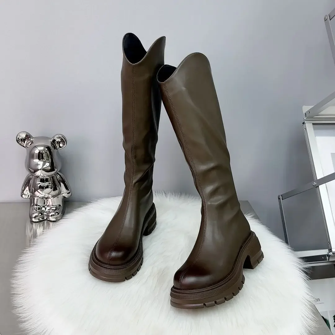 2025 botas femininas outono nova moda plataforma longa tubo cavaleiro botas casuais feminino salto médio joelho botas altas botas mujer