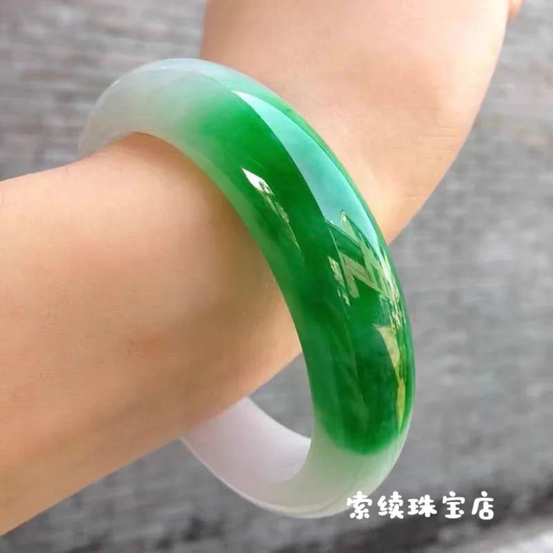 Apple Green Spicy Ice Burmese Bangle, Semi-Scenic Jadeite Bracelet, Gift for Women