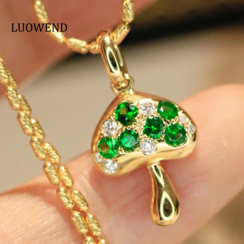 

LUOWEND 100% 18K White/Yellow Gold Pendant Women Cute Mushroom Shape Natural Diamond&Tsavorite Necklace Pendant Fine Jewelry