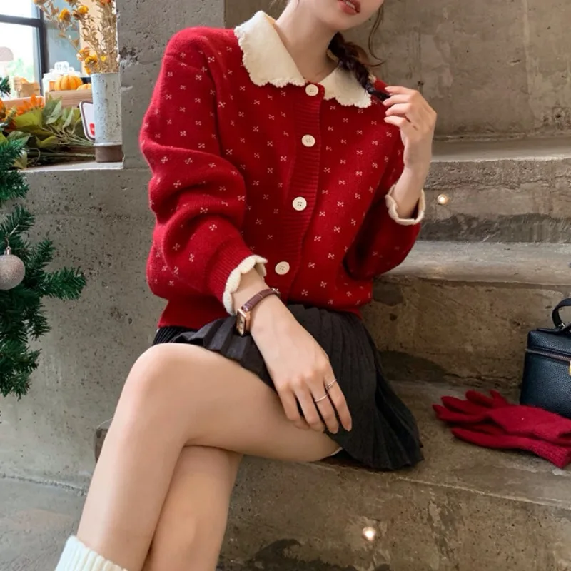 

Vintage Snowflake Crochet Red Long-sleeve Knit Cardigan For Women Doll Collar Versatile Sweater Autumn Inner Warm Bottoming Shir