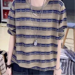Women's Autumn Winter Fashion Round Neck Pullover Stripe Panel Screw Thread Versatile Long Sleeve Loose Sweater Knitted Tops