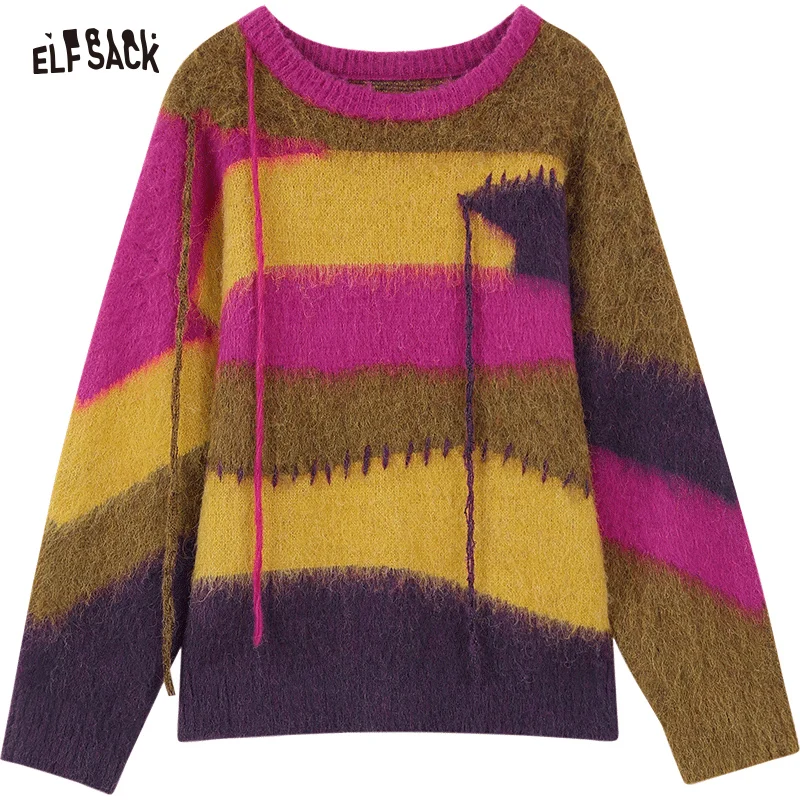 ELFSACK Free Scarf Rainbow Striped Sweater Women 2023 Winter New Korean Fashion Designer Tops