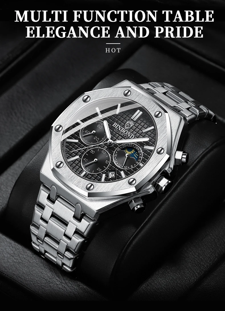 BINBOND Qualität Männer Uhr Luxus Hohe Mann Quarz Armbanduhr Wasserdicht Leucht Datum Edelstahl herren Uhren Casual Uhr – Detail 4