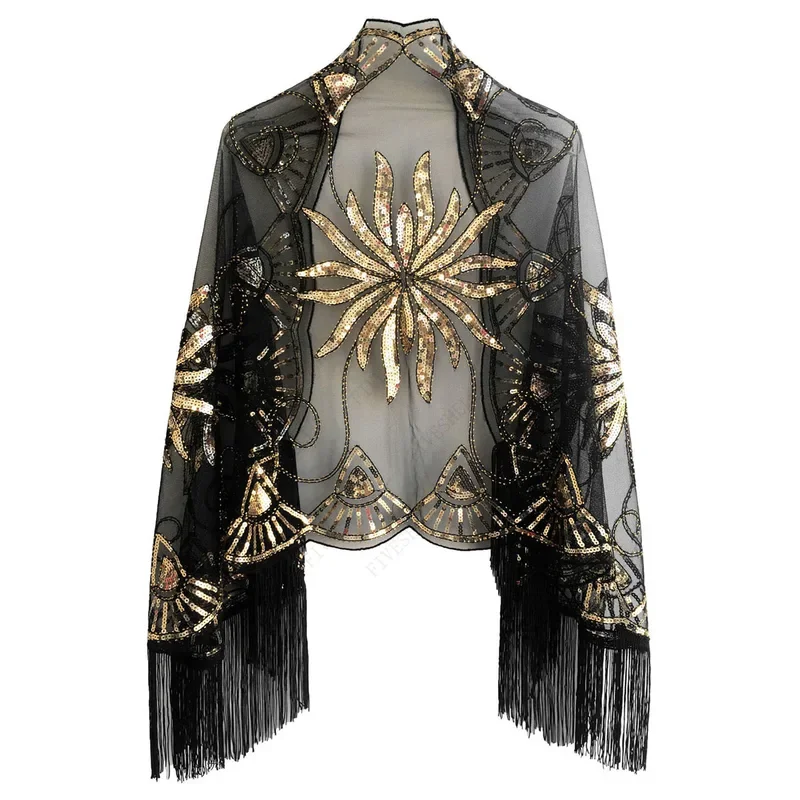 1920s Sequin Beaded Floral Shawl Wraps Fringed Evening Cape Scarf for Wedding Prom Party