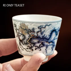 1 Pc Chinese Vintage Ceramic Tea Cup Hand-painted Blue and White Dragon Pattern Tea Bowl Handmade Porcelain Teacup Teaware 40ml