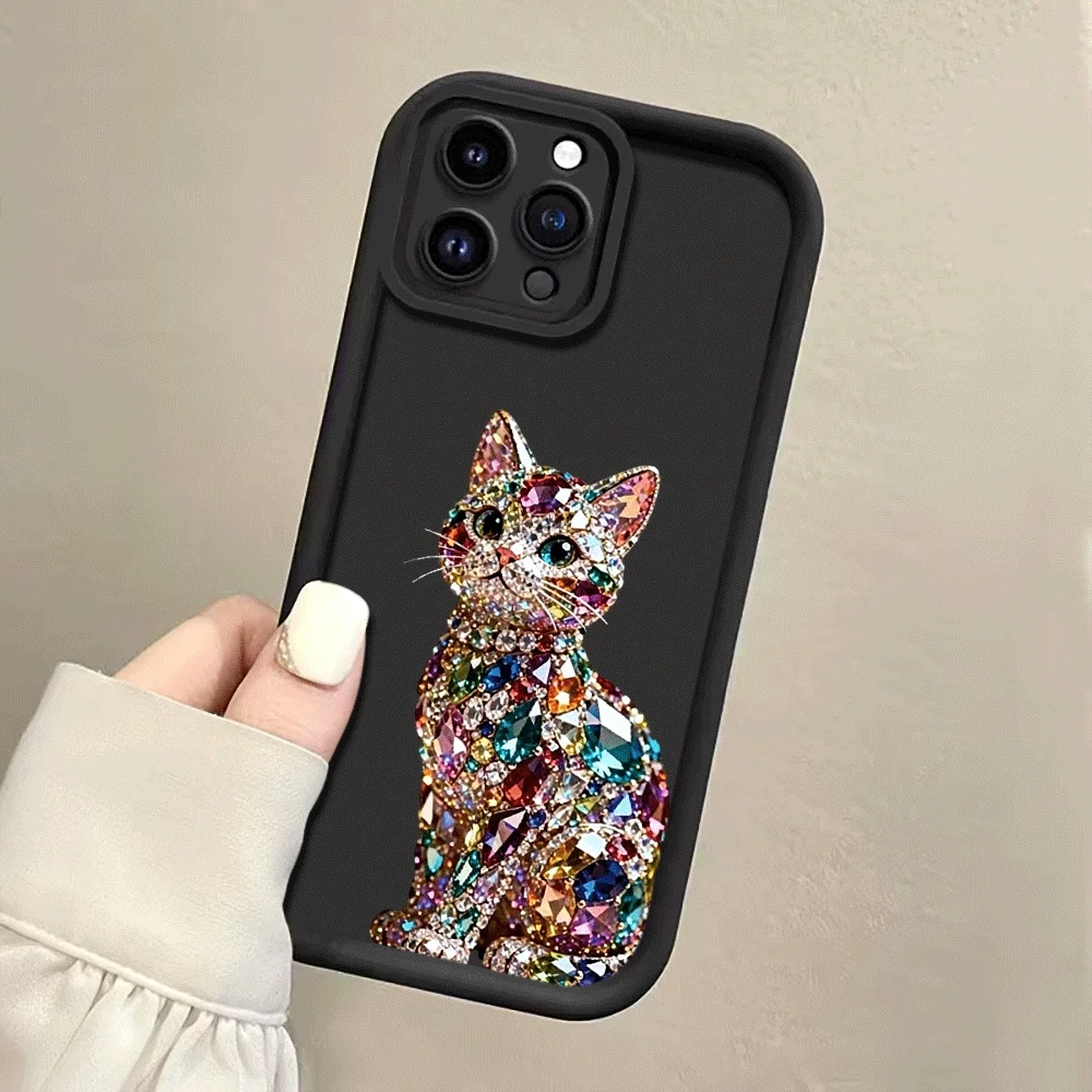 Bunte Diamant-Edelstein-Katzenband-Handyhülle für iPhone 14 15 16 17 ProMax 15 14 13 Pro Plus Stoßfeste Matte Silikonhülle – Detail 5