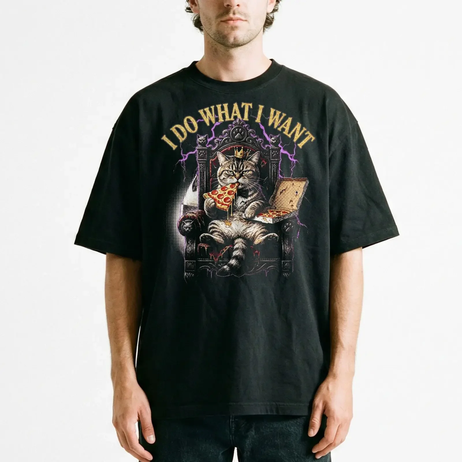 Royal Cat Throne Crown Pizza Vintage Frame T Shirt I Do What Want King vintage Washed designer clothes graphic homme streetwear