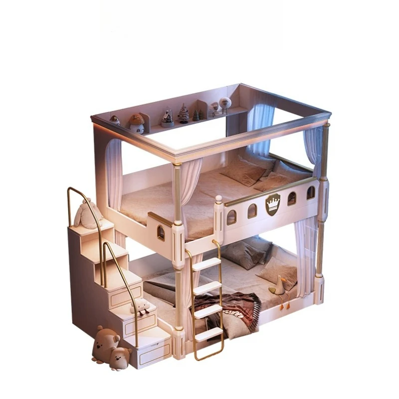 American light luxury bunk beds, siblings do not disturb each other, with wide and high guardrails, solid wood second-layer high