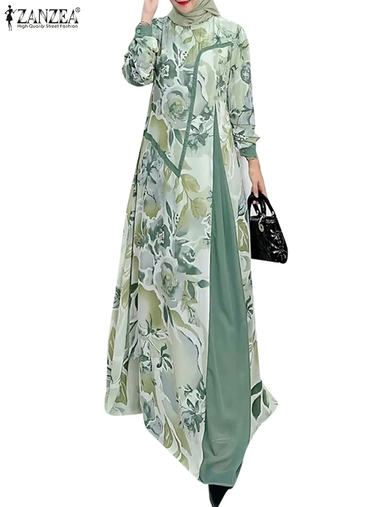 ZANZEA Muslim Fashion Floral Print Maxi Dress Women Elegant Fake Two-Piece Patchwork Abaya Vestidos Islamic Long Sleeve Robes