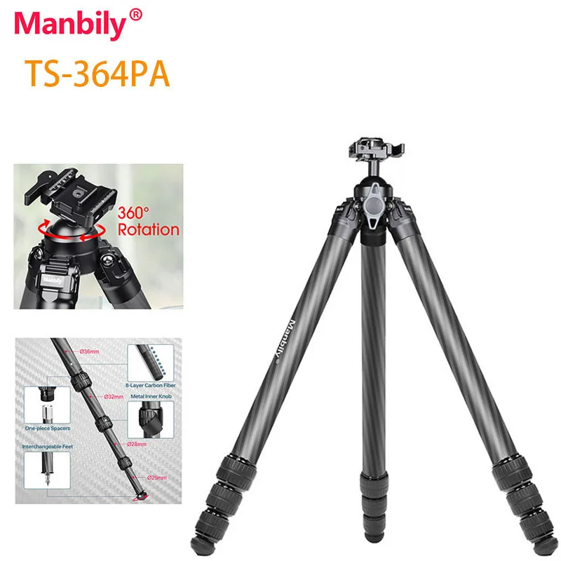 

Manbily TS-364PA Carbon Fiber Tripod 4-sections Professional Camera Tripod Max.load 20kg/44 lbs 44mm Tripods Head