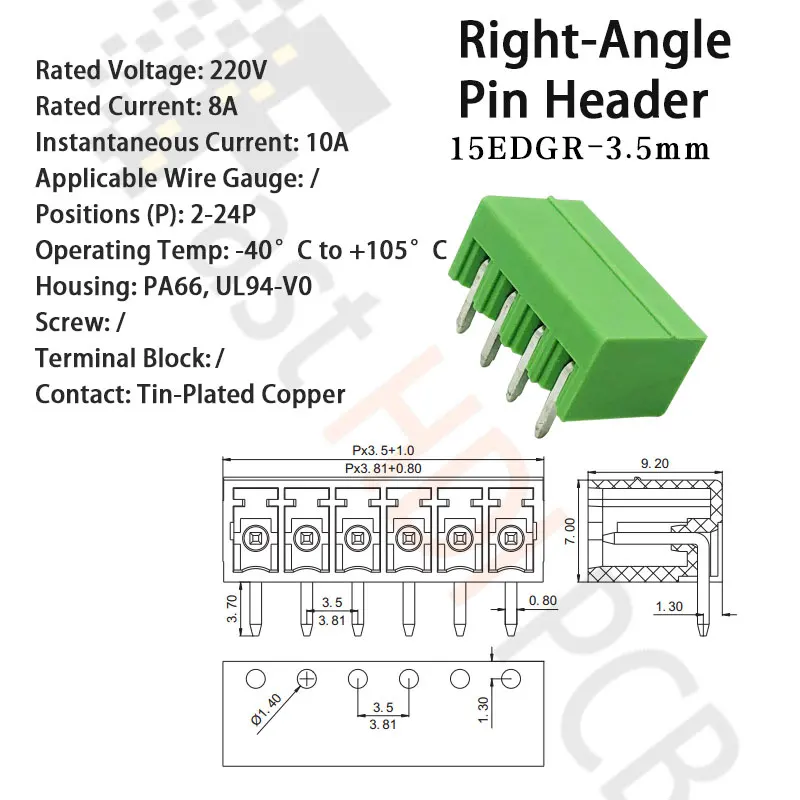 Г-образный комплект Header & Plug | Сертифицированный UL94V-0 разъем PCB 3.5мм 2-24P | Изоляция PA66 | Экологичный зеленый