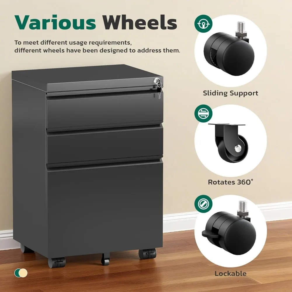 3 Drawer Mobile File Cabinet with Lock, Fully Assembled Rolling File Cabinet Except Casters, Under Desk File Cabinet