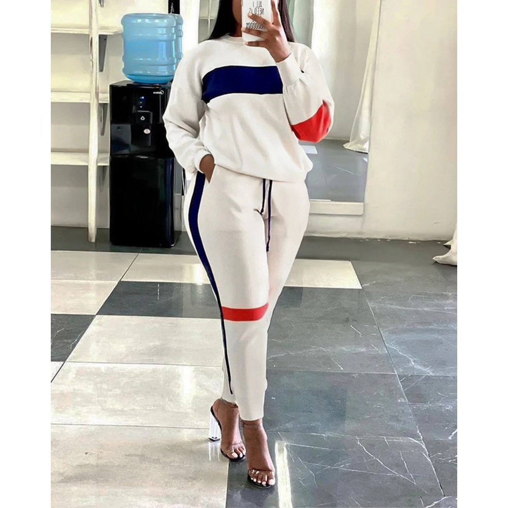 

Fashion Autumn Korean Style Women Striped Colorblock Long Sleeve Top & Pants Set Workout Femme Sporty Two Pieces Set Tracksuits