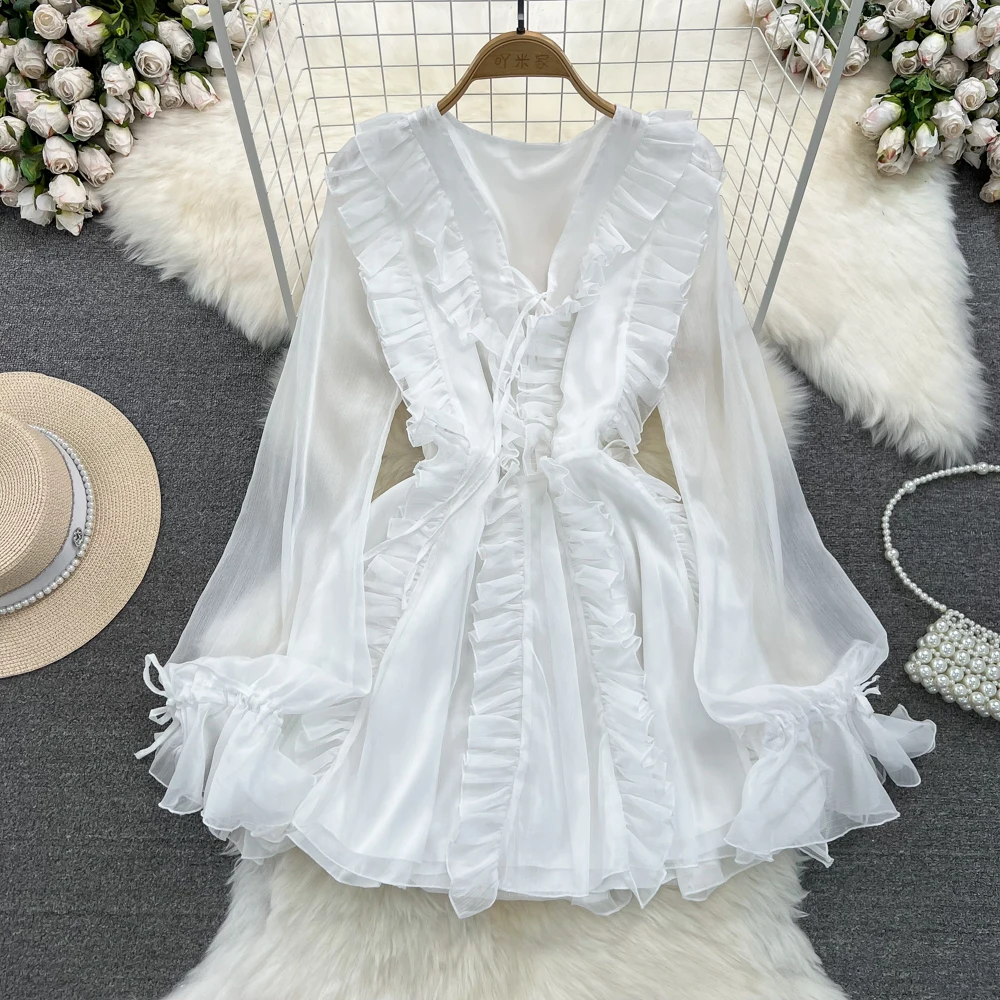 ssTss Spring Autumn Super Sweet  Long Sleeve Ruffled Dress Women Beach Vacation V-neck Waist Show Thin Holiday Photo Dress