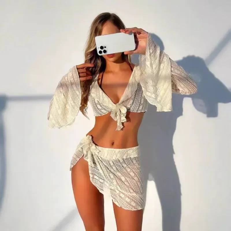 2025 Vierteiliger Badeanzug zum Schwimmen, Sommer, Strand, Dreieck, Körbchenrücken, Knoten, Bikini-Set, Femelle, Glockenärmel, Cover-Up-Set, brasilianische Badebekleidung