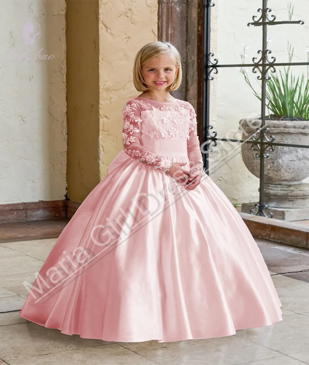 

Customize Girl Dresses Pink Satin Long Sleeve Elegant Flower Girl Dress For Birthday Party Show Beauty Pageant