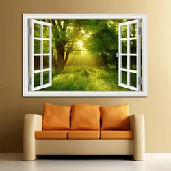 Forest 3D Window Landscape Wall Sticker Art Removable Green Golden Leaves Forest Print Art Canvas Poster For Living Room