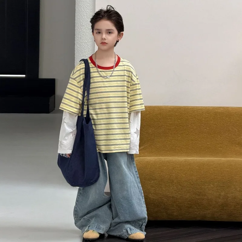 Boys Striped Splicing Long-sleeved T-shirt Spring and Autumn New Children's Red Round Neck Cool Handsome Sweater Trendy T2026