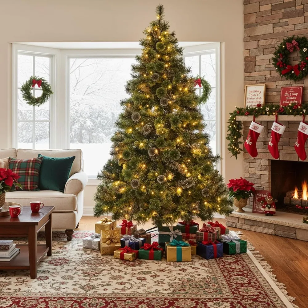 

9ft Pre-lit Artificial Cashmere Christmas Tree, Snow Flocked Prelighted Pine Needle Xmas Tree, W/550 Warm White Lights