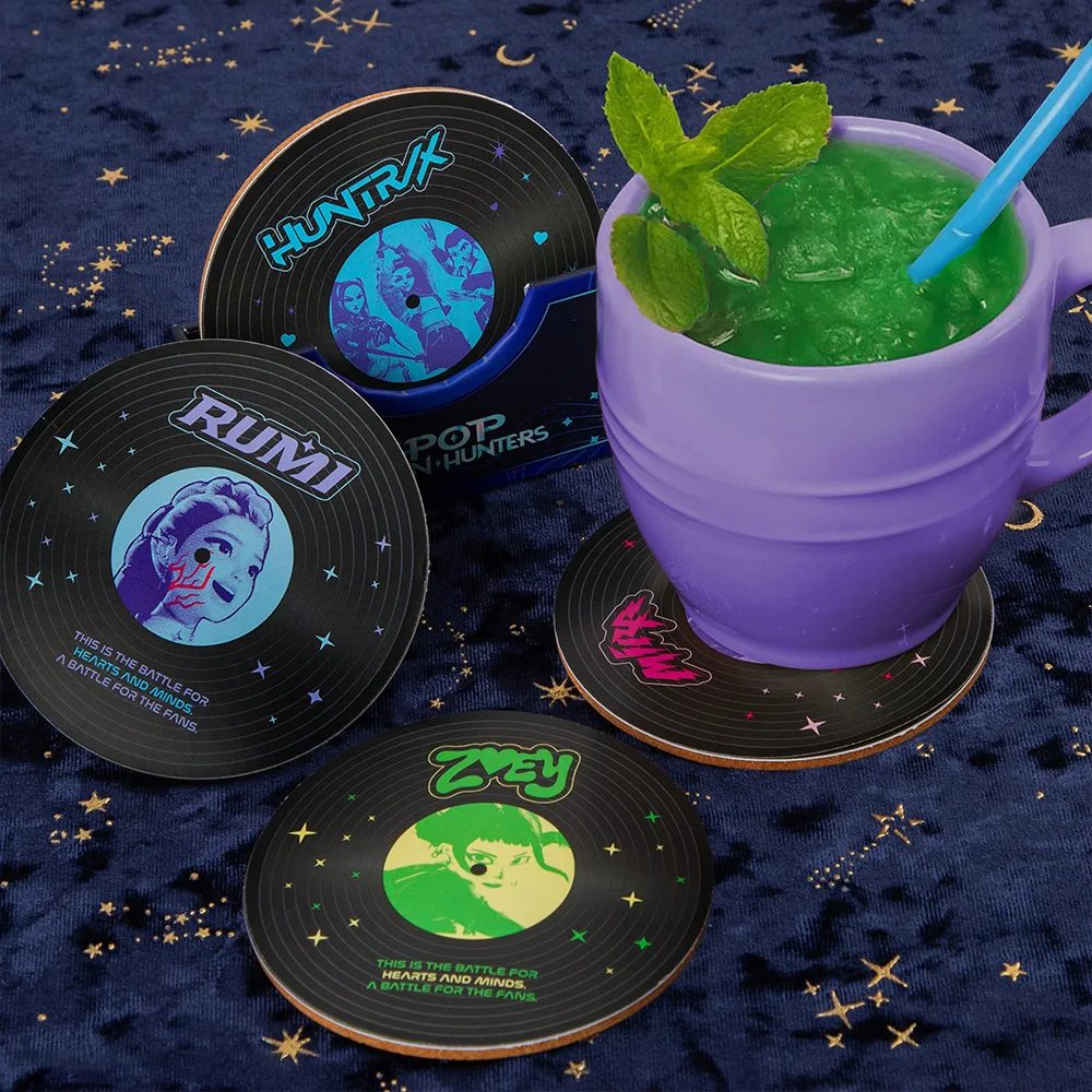 1Set Kpop Demon Hunters Officially Licensed Vinyl Record Coaster 4-Piece Pack Soundtrack-Themed Coasters Non-Slip Table Decor