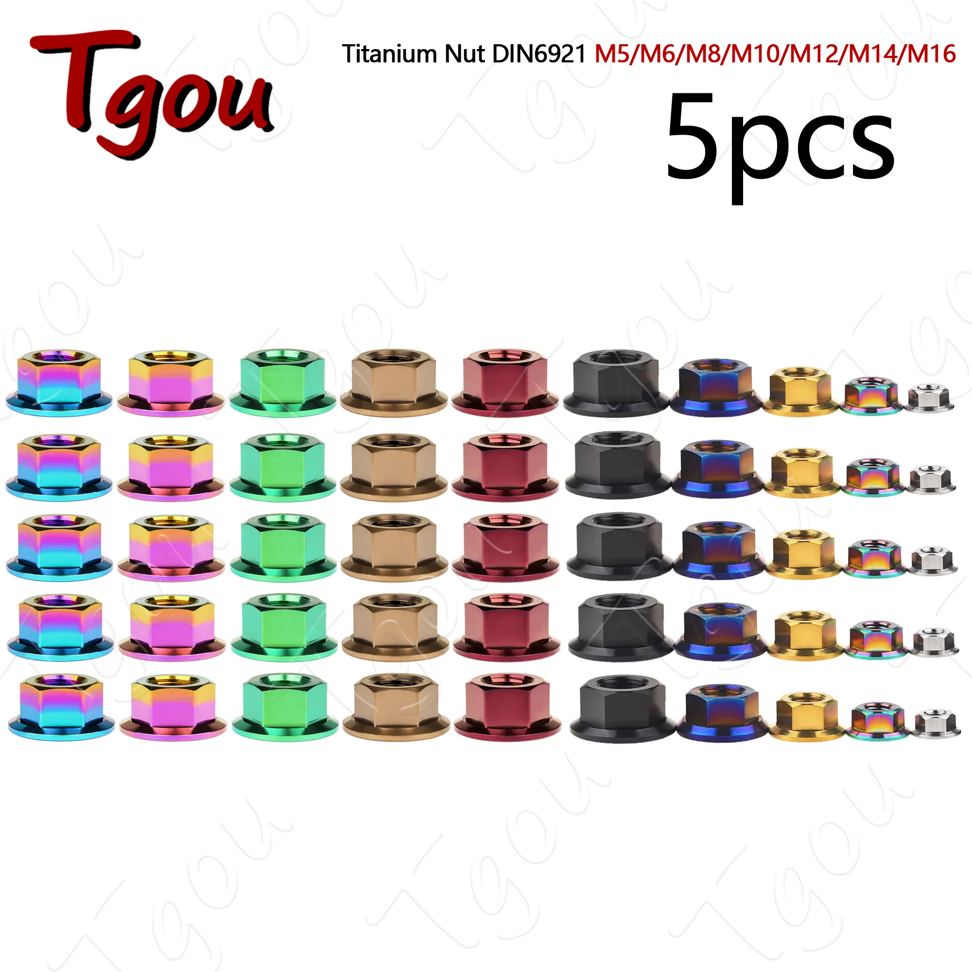 

Tgou Titanium Nut DIN6921 M5/M6/M8/M10/M12/M14/M16 Flange Nuts for Bicycle Motorcycle Car 5pcs