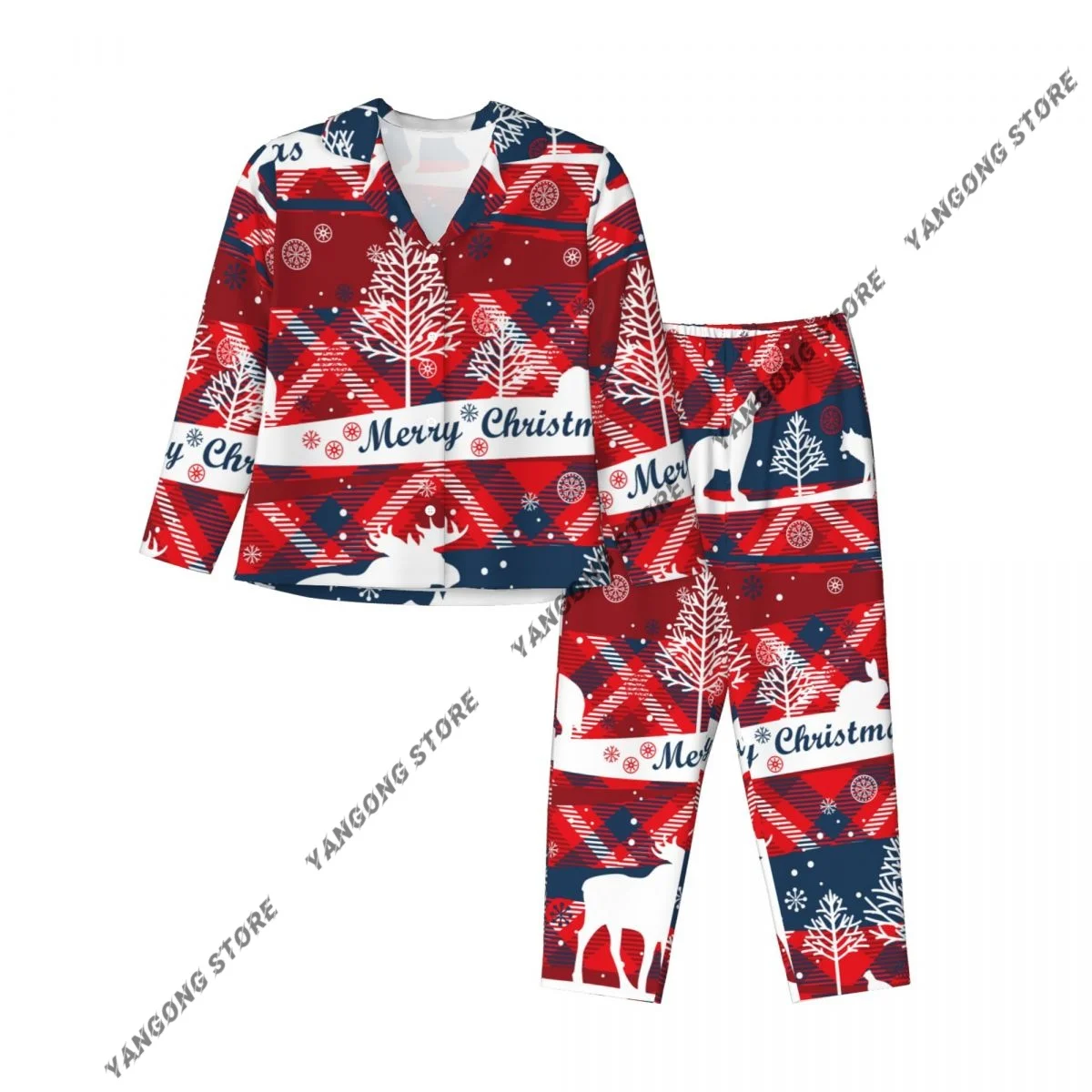 عيد ميلاد سعيد سنة جديدة سعيدة نمط المرأة منامة المتسكعون قطعتين ملابس خاصة زر أسفل كم كامل طويل منامة مجموعة #3