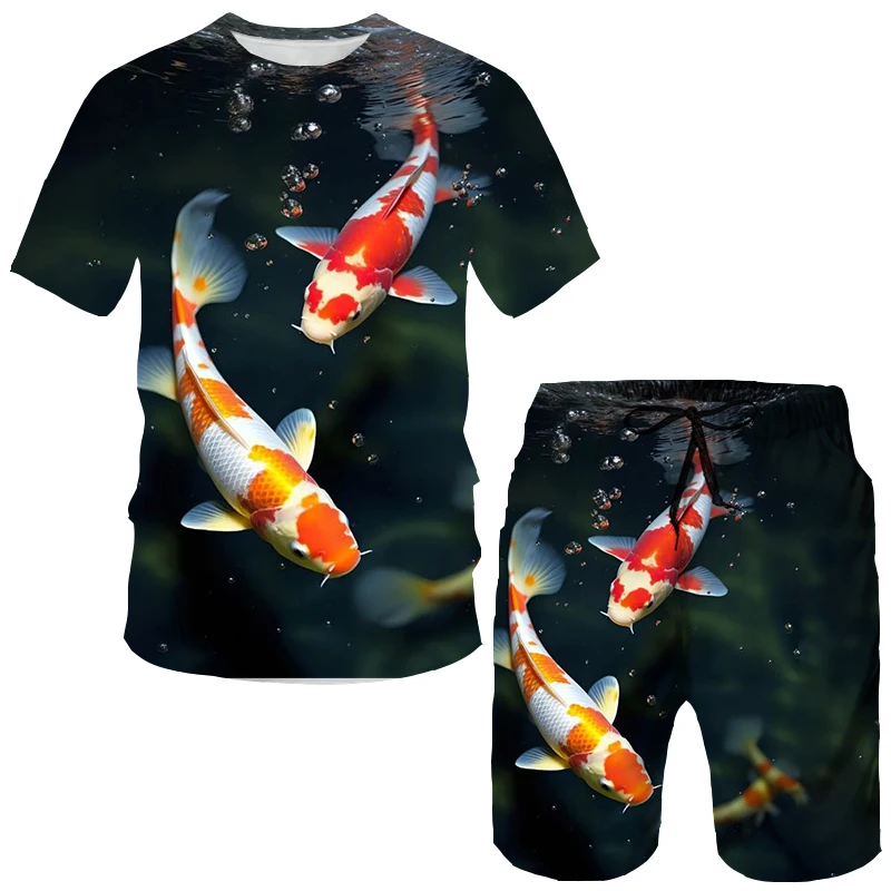 Summer Koi Carp 3D Print T-Shirts Shorts Sets Men\'s Tracksuits Oversized Short Sleeve T Shirt Pants Set Man Suits Clothing