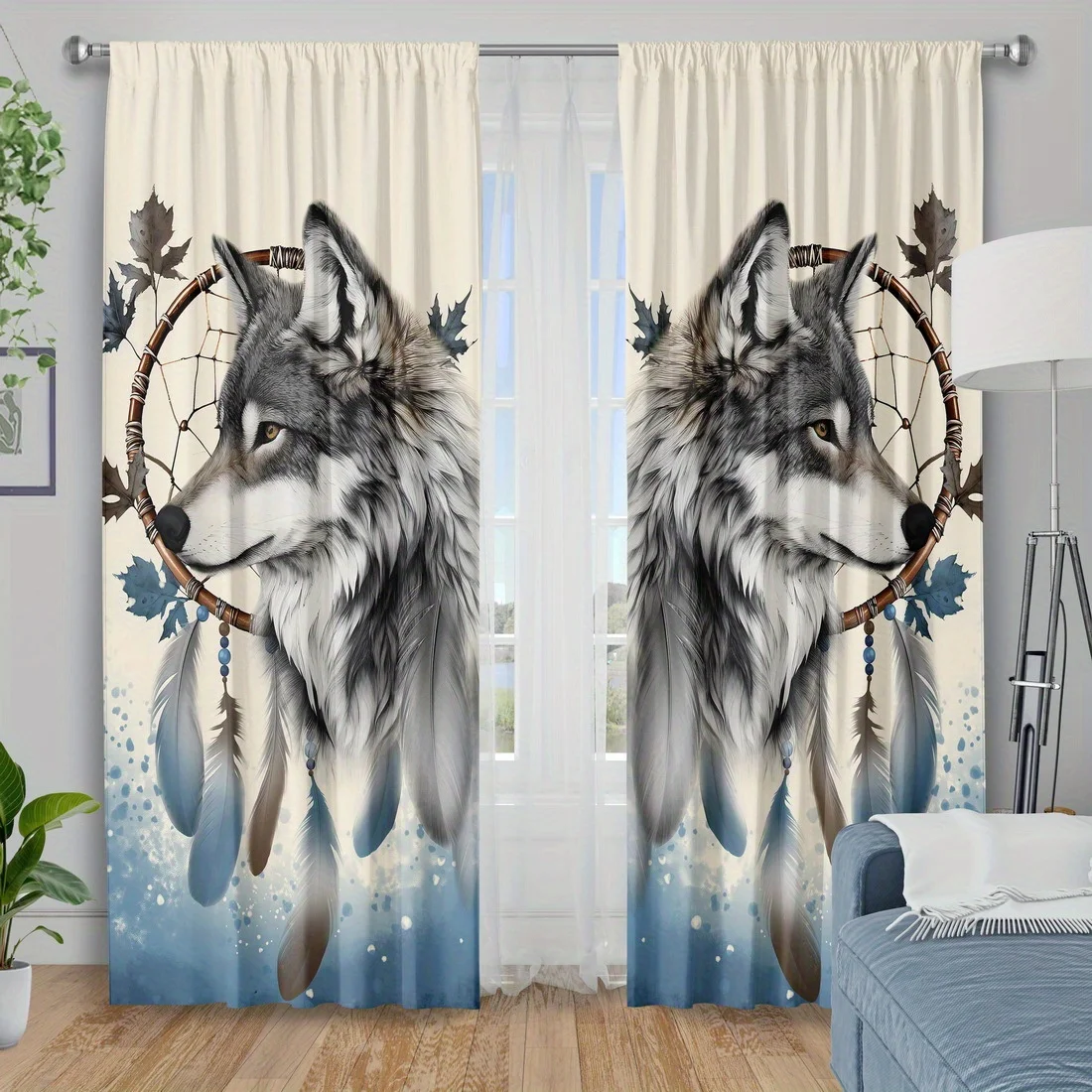 2pcs Wolf Print Curtains Dreamcatcher Feather Pattern Bohemian Style Polyester Window Drapes for Living Room Bedroom Decor