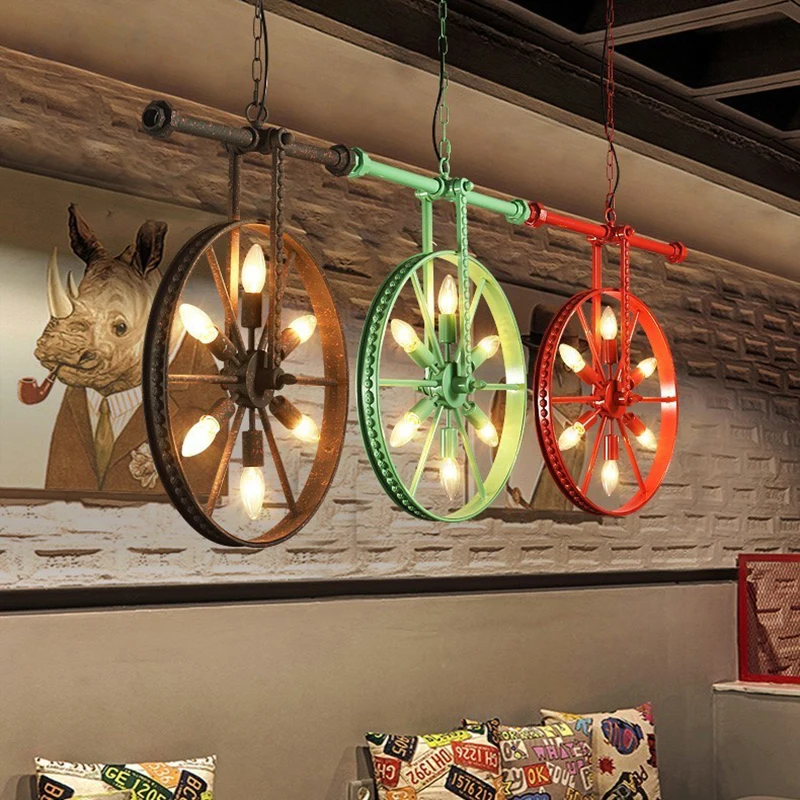 

American Retro Industrial light Design iron wheel Hanging lamp Dining Room Bar Cafe E14 Pendant Lights Home Decor chandeliers