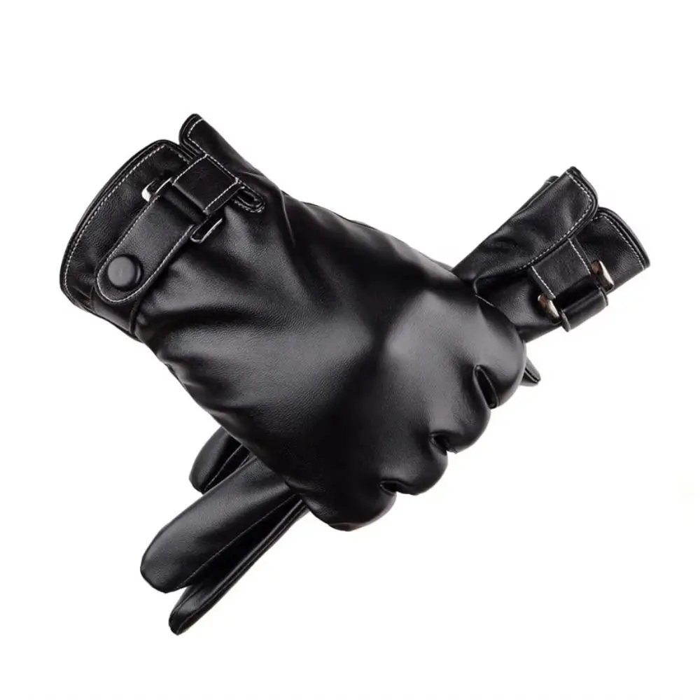 Windproof Men's PU Leather Gloves Touch Screen Thick Velvet Male Cycling Gloves Soft Keep Warm Motorcycle Full Finger Mittens