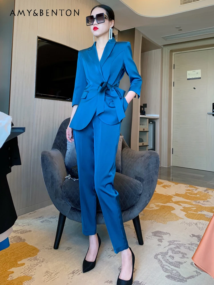 

European Goods Commuting Elegant Business Suit Women 2024 Summer New Acetate 3/4 Sleeve Suit Straight-Leg Pants Two-Piece Set