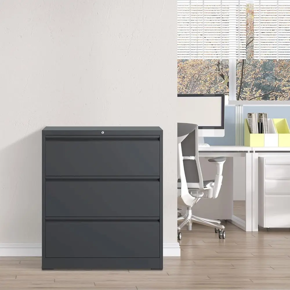 Durable Steel Filing Cabinet with Lock, Black Home Office Storage Cabinet for Legal/Letter Files, Assembly Required