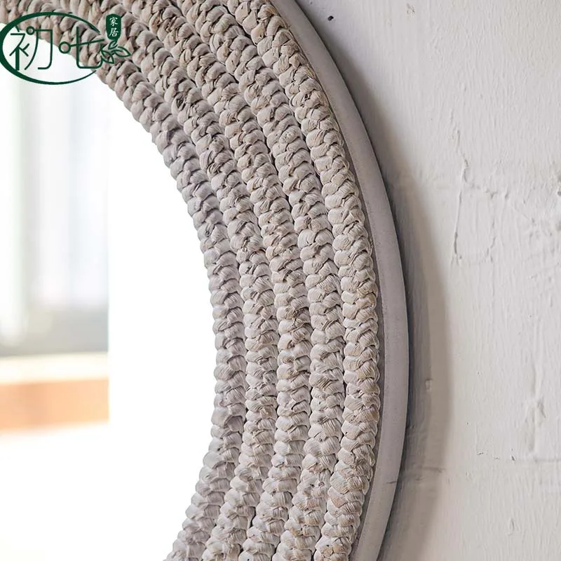 Retro rattan makeup mirror creative straw rope decorative mirror hotel homestay living room wall hanging round decorative mirror