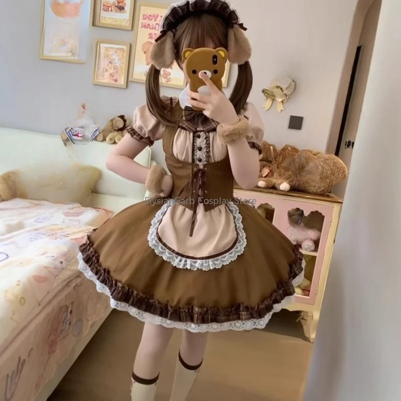 

Shiba Inu Maid Cosplay Dress Cute Dog Themed Lolita Set Coffee Waitress Cos Outfit Puff Sleeves Corset Vest Tail Halloween Party