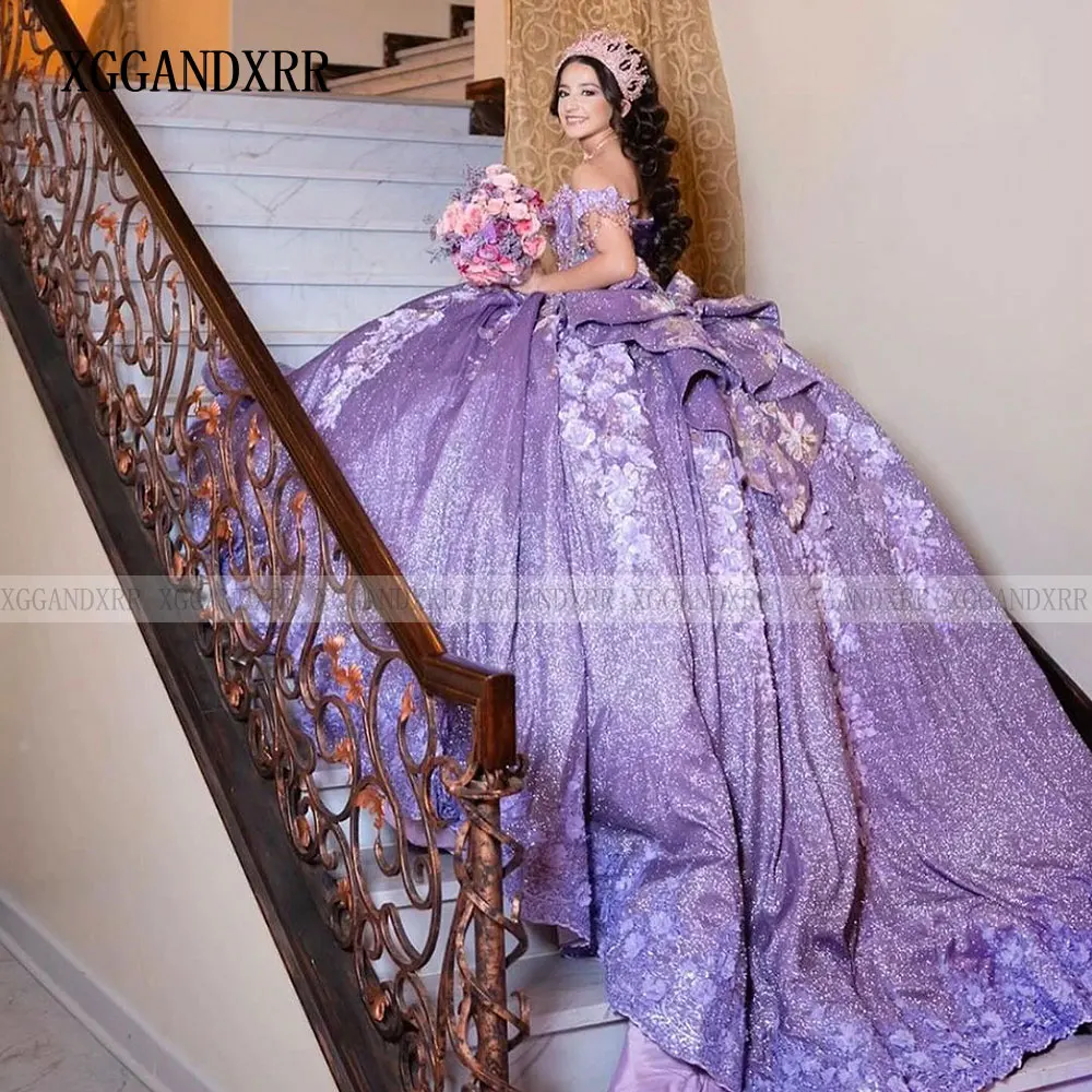 Luxury Purple Sweetheart Quinceanera Dresses 2024 Beads 3D Floral Applique Lace With Cape Sweet 15 Birthday Party Ball Gowns