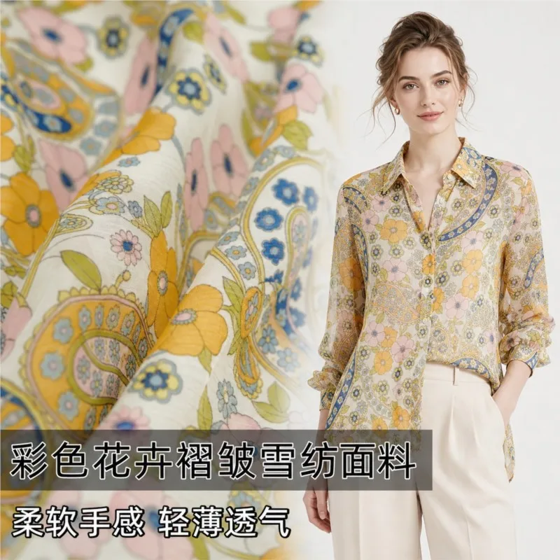 Lightweight breathable colorful floral pleated chiffon fabric for dresses shirts and trousers designer clothing