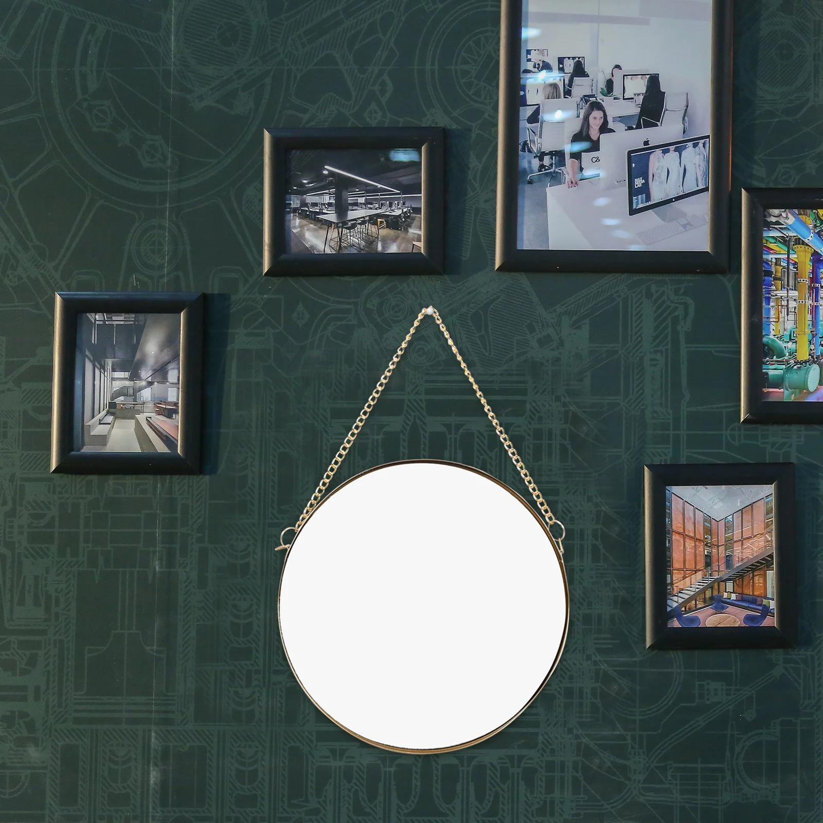 

Round Wall Mirror with Chain Hanging Metal Frame Decorative Vanity Mirror for Bathroom Makeup Entryway Space Saving Design