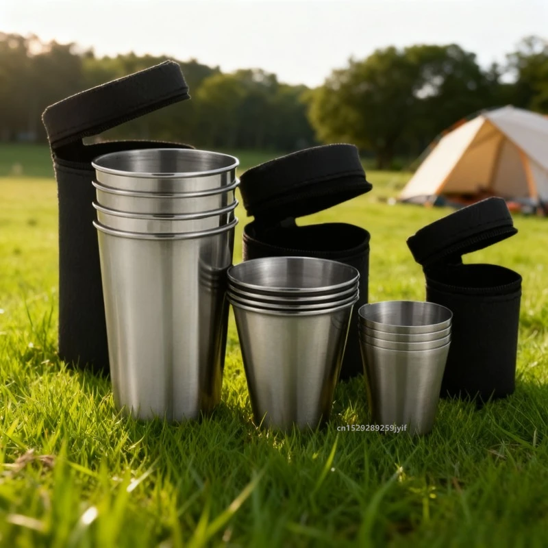 4Pcs Mini Cups with Case Outdoor Travel Stainless Steel Cups for Whisky Wine Portable Drinkware 30ml/70ml/170ml