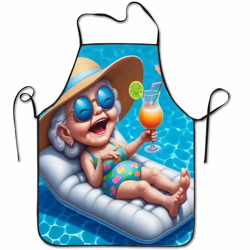 Vibrant Woman By The Pool Humorous Apron, Durable Unisex Kitchen Use, Perfect For Grandma's Summer Pool Parties And Events, Easy