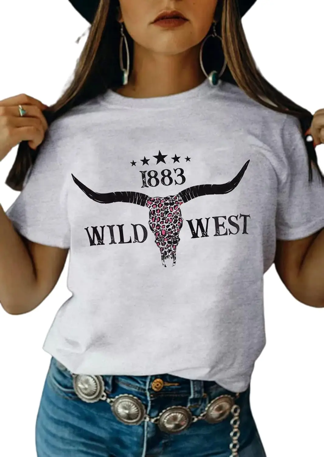 Leopard Steer Skull Desert Cactus T-Shirt Women Vintage Western Tees Cow Skull Rodeo Shirt Western Cowgirls Casual Shirt