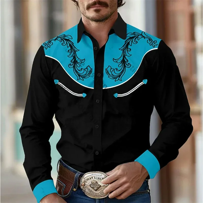 

2024 Floral Retro Western Men'S Shirt Outdoor Street Casual Daily Spring Summer Lapel Long Sleeve Black S-5XL Stretch Fabric