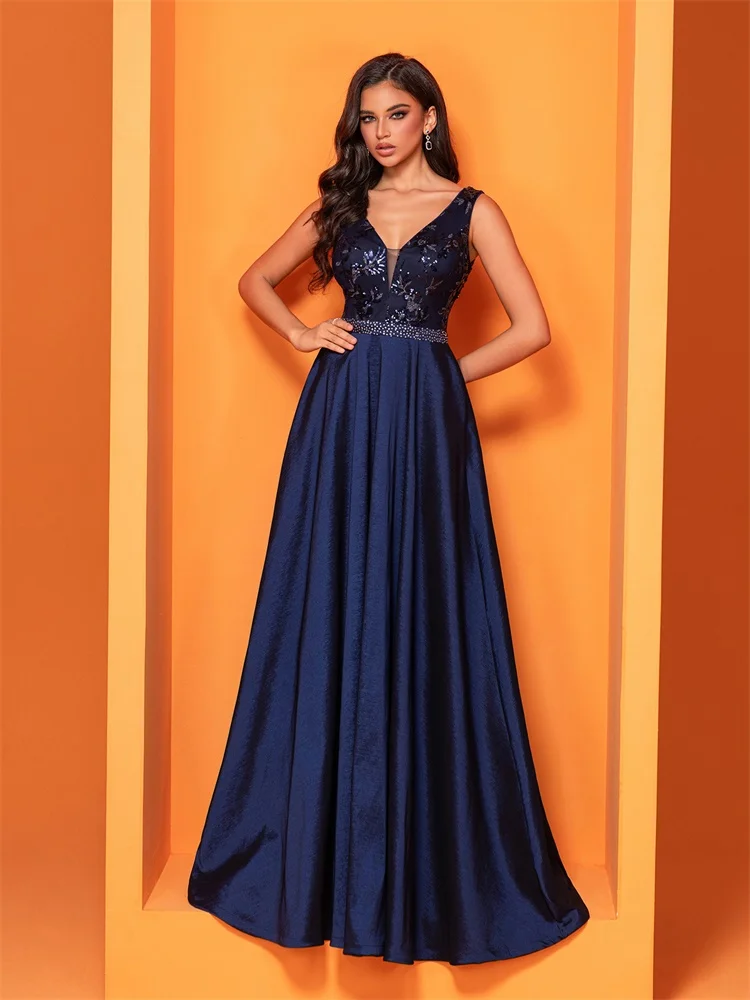 Luxury Sexy Deep V-Neck Sequins Blue Evening Dress Women Elegant V-back Satin Party Long Prom Cocktail Dress